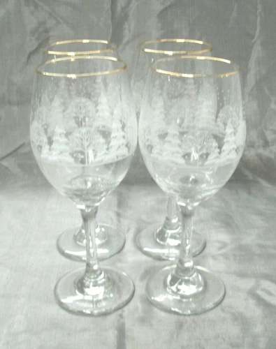 Vtg Libbey Arby's WINTER SCENE Set of 4~8-1/4" Water Goblet Glass Frosted Gold 1