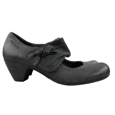 Tamaris Women's Size EU 38 (US 7) Grey Leather Mary Jane Bow Detail Pumps *READ*