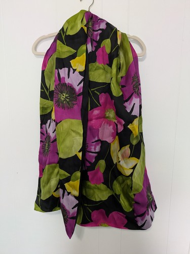 Vintage Morgan Mcfeeters Black Multicolor Floral Silk Long Scarf - Picture 1 of 3