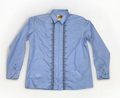 VTG Genuine Haband Size Medium Guayabera Cuban Embroidered Blue Long Sleeve Zip - Image 1 of 4