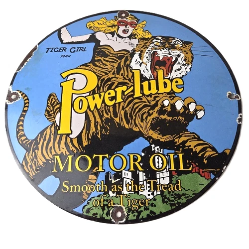 Vintage Power Lube Gasoline Sign - Tiger Motor Oil Gas Porcelain Pump Plate Sign