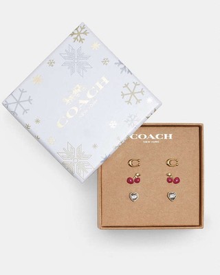 NWT Coach signature Heart Cherry earring set with box in Gold