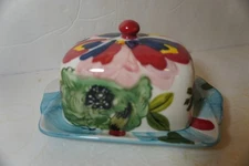 Anthropologie Amaryllis Half Stick Covered Butter Dish Hand Painted Ceramic Ston