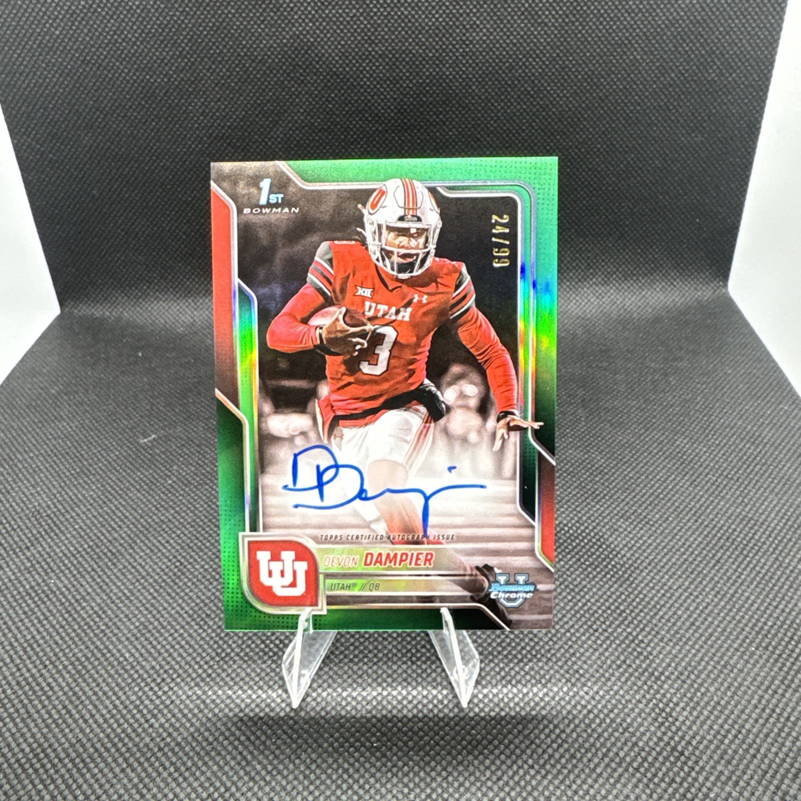 2025 BOWMAN CHROME UNIVERSITY DEVON DAMPIER 1ST PROSPECT AUTO GREEN /99 RC
