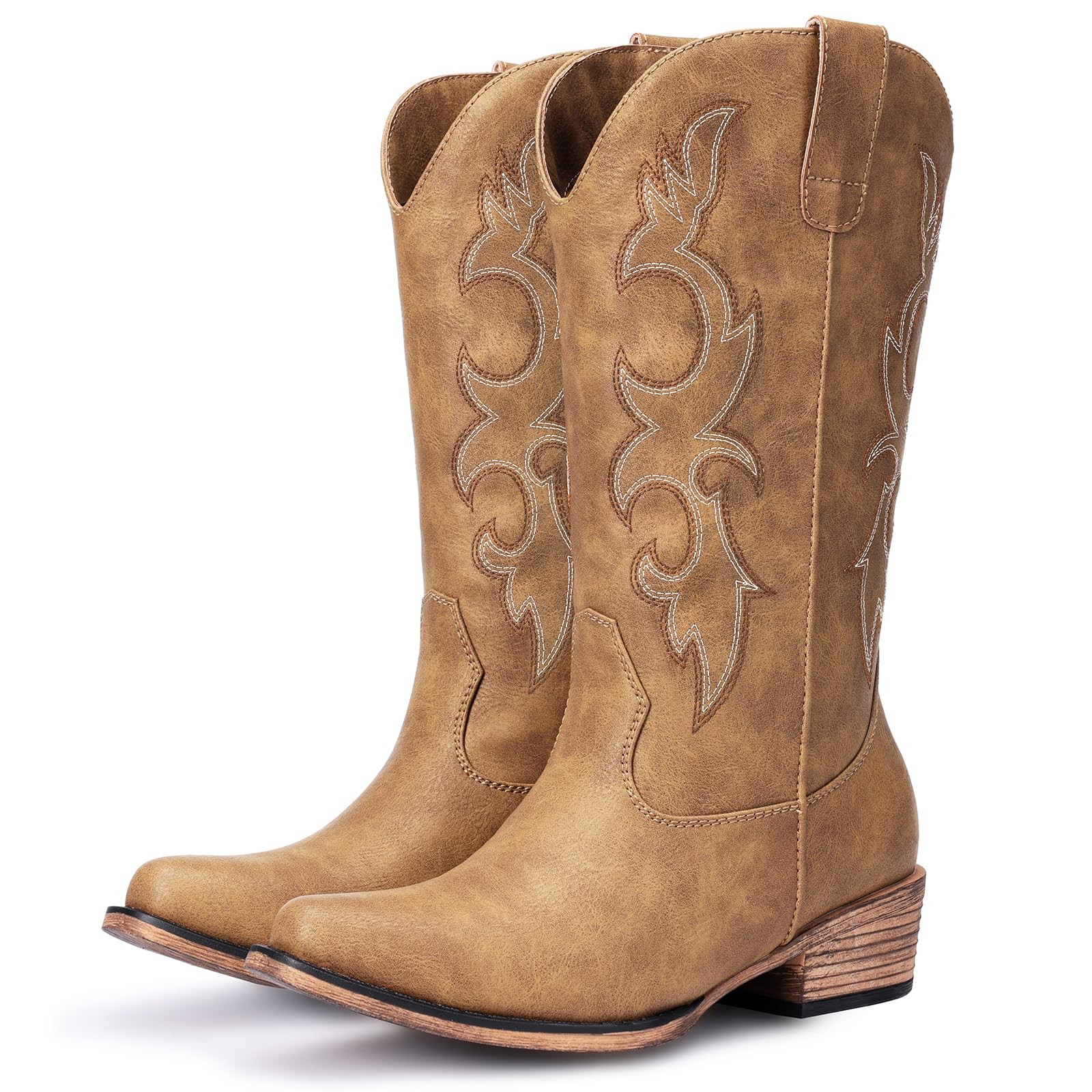 Embroidered Light Brown Cowgirl Boots with Western Mid Calf Design