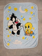 Vintage 2000 Baby Looney Tunes Sylvester Tweety Bird Baby Blanket Blue 42 x 32