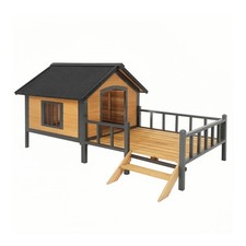 Wooden Dog Kennel with Anti-Chewing Iron Frame, Porch  Waterproof Roof for