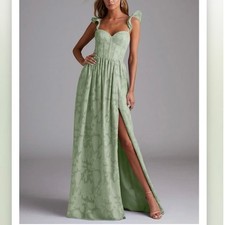 Azazie Dusty Sage Denisse A-Line Ruched Floral Burnout Dress Bridesmaid Formal