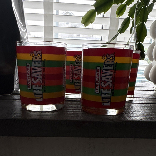 Vintage Life Savers Set of 4 Multicolor Striped Logo Advertising Glass Tumblers