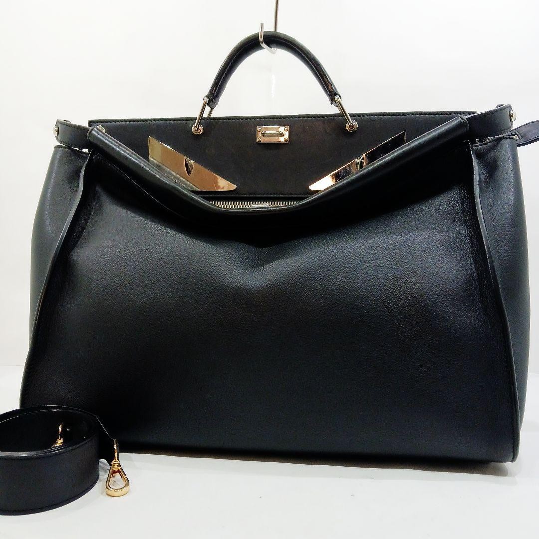 Fendi Peekaboo Monster 2Way Business Bag Black Leather A4 Shoulder Handbag