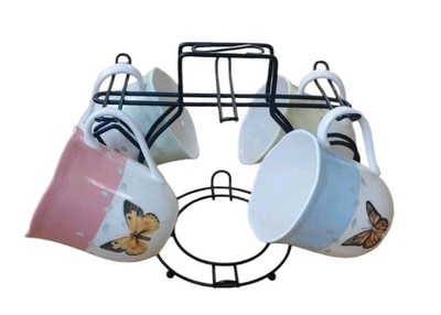 Lenox Butterfly Meadow 4 Ceramic Tea Coffee Cups Wire Rack Teapot Black Gift 