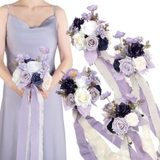 7 Inch Purple Bridesmaid Bouquet for Wedding, Set of 4, Lilac Wedding Bouquet...
