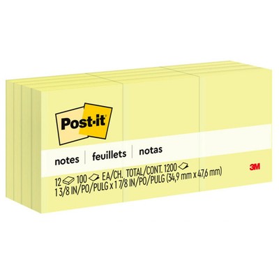 Post-it Notes, 1 3/8 in x 1 7/8 in, 12 P, 100 S/P, Clean Removal, Canary Yellow