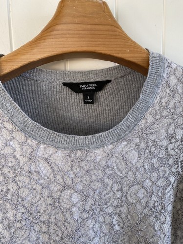 Simply Vera Vera Wang Women Sweater S Gray Floral Lace Long Sleeve Twofer - Picture 2 of 7