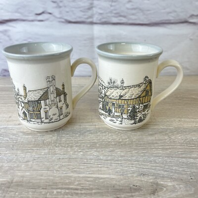 Vtg COLOROLL BILTONS ENGLAND Village Thatch Roof EMBOSSED MUGS 2pc Lot