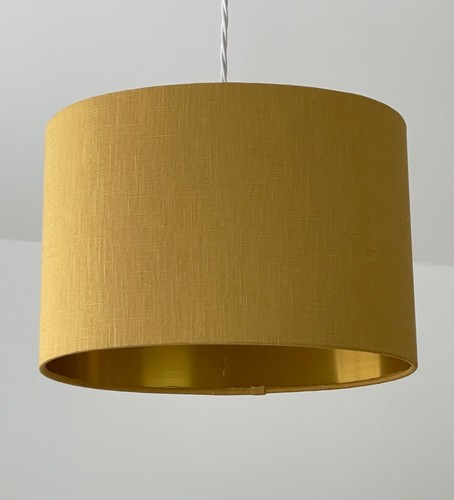 Pantalla Lámpara Amarillo Mostaza Texturizado 100% Lino Cepillado Oro Ovalado Tono de Luz - Imagen 3 de 10