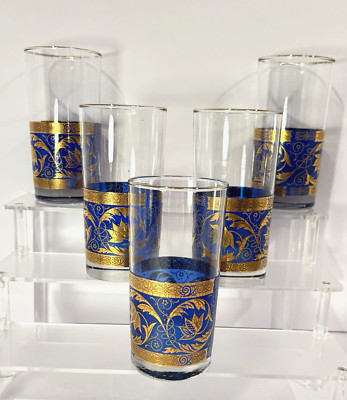 Vintage Libbey Highball Glass Tumbler Cobalt Blue Gold Moroccan Design Set Of 5