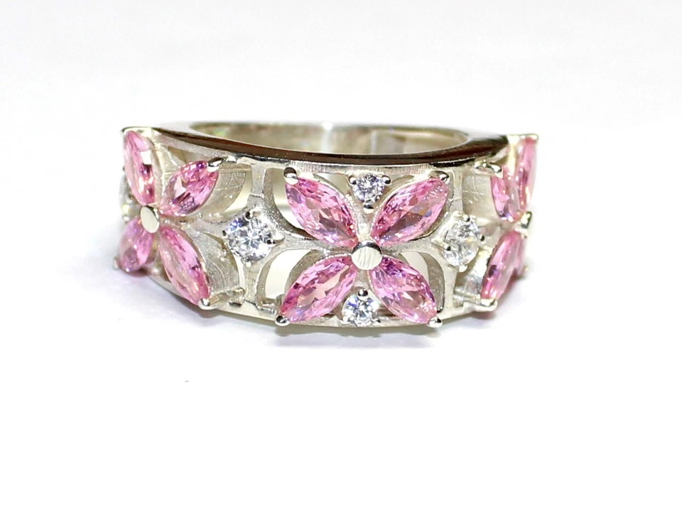 Anillo de Media Eternidad Marquesa Rosa, Anillo de Compromiso Circonita Cúbica, Regalo para Ella Foto 3 de 4