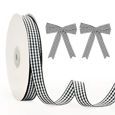 Black White Gingham Ribbon 50Yd x 5/8" Checkered Buffalo Plaid Craft Ribbon
