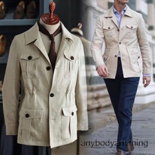 100% Linen Safari Jacket Men British Retro Slim Fit Hunting Coat Casual Tops Hot