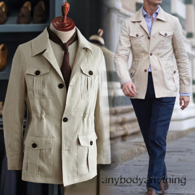 100% Linen Safari Jacket Men British Retro Slim Fit Hunting Coat Casual Tops Hot