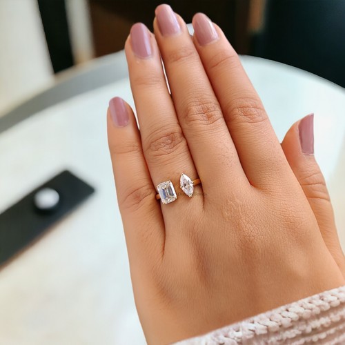 Toi Et Moi Moissanite Ring Marquise And Emerald Moissanite Wedding Ring FD141 - Picture 6 of 10