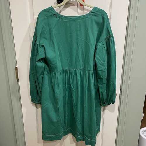 Anthropologie XL Long-Sleeve Kelly Green Square-Neck Denim Babydoll Mini Dress - Picture 6 of 7