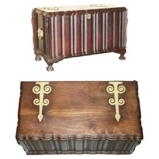 VINTAGE HAND CARVED MAHOGANY TRUNK OR CHEST WITH ORNATE OVERSIZED BRASS FITTINGS