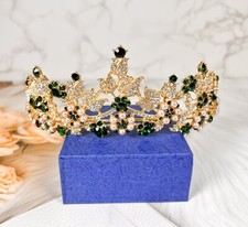Pearl Bridal Crown, Green Crystal Tiara, Wedding Hair Jewelry, Princess Tiara