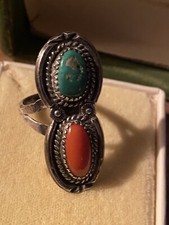 Vintage Native American Sterling Silver Turquoise and Coral Ring Size 8
