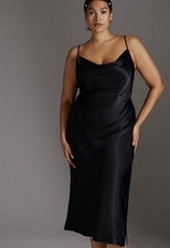 ANTHROPOLOGIE Elyse Bias Satin Slip Dress Black Cowl Midi Whimsigoth 1X BHLDN