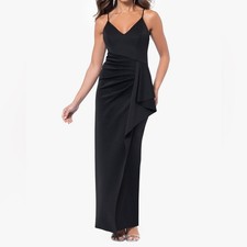 XSCAPE “Tabitha” Long Scuba Crepe Spaghetti Strap Side Ruffle Dress Black Sz 10