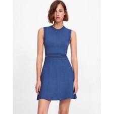 Zara Navy Knit Blue Cut Out Scalloped Sleeveless Fit and Flair Dress S