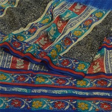 Sanskriti Vintage Sarees Black Blue 100 Pure Georgette Floral Print 5 Yd Sari