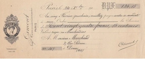 124.15 francs - bank cheque receipt - Ecole pratique de commerce Paris - 27