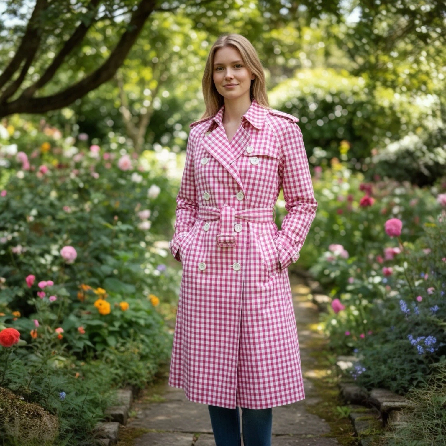 Burberry — Burberry London VTG Pink Plaid Gingham Cotton Trench Coat US 4 Rose Pink EUC