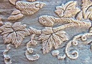 Vintage Ivory Silk Square w/ Double Sided Embroidery - Whitework Leaves & Birds