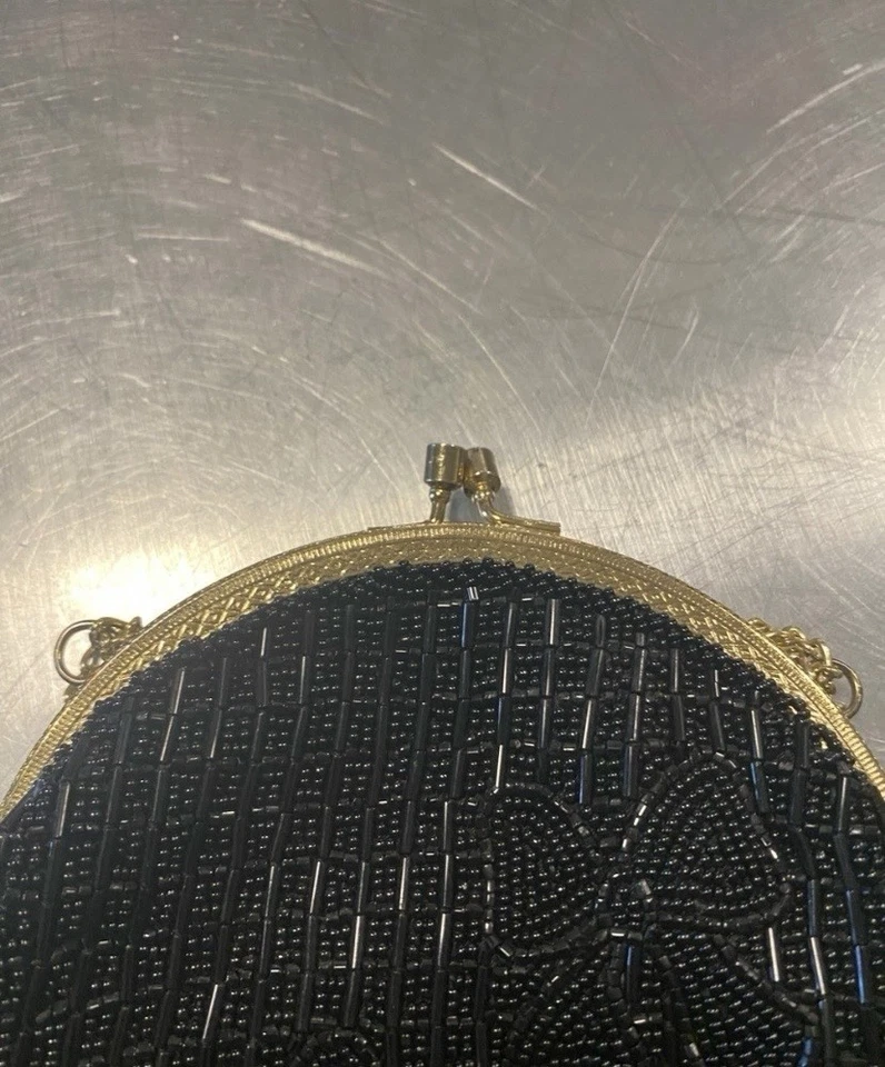 Vintage Black Beaded Round Evening Bag with Gold Chain - Image 3 of 3