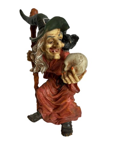 Halloween Resin Witch Holding Staff and Skull with Raven Statue Figure