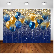 Blue and Gold Glitter Balloon Backdrop 7x5ft