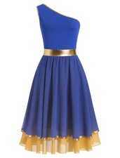 Shoulder Praise Dance Tunic Dress Gold Metallic Waist Flowy Chiffon Skirt Chu...