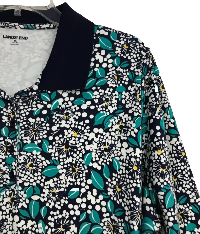 Lands' End 衬衫女式 1X 16W 18W 花卉 3/4 袖 Polo 领蓝色全新无标签 — 第 4/4 张图片