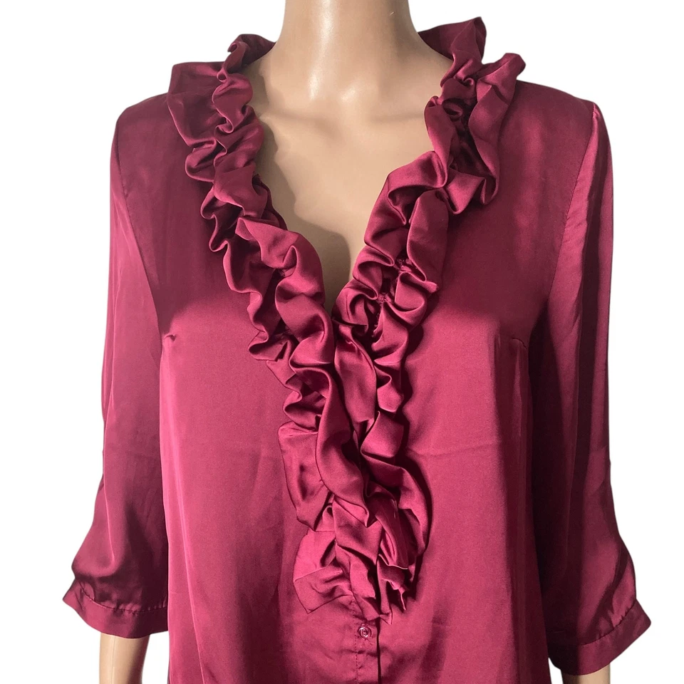 Lapis блузка женщин большой бордовый красный с оборками кнопка спереди новый - Изображение 3 из 4