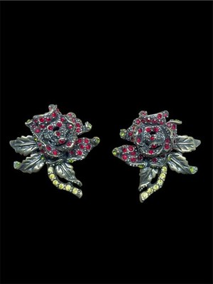 HEIDI DAUS  Rose Elegance  Red Crystal Clip On Earrings Flora Garden GORGEOUS