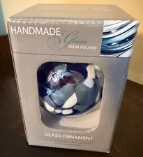 ZORZA HAND-BLOWN & DECORATED GLASS ORNAMENT 3".  Blue & white swirls.  Poland.