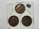 1916 P-D-S Lincoln Wheat Penny Cents 3 Coin Circulated Year Set