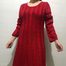 Red Cable Knit Sweater Dress Long Sleeve Scoop Neck Acrylic Womens Size M