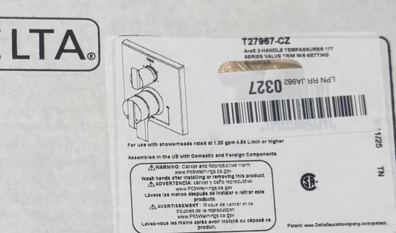 Delta Ara T27967-CZ 6 Function Diverter Valve Trim Shower Ch