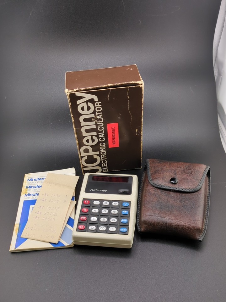 Vintage 1975 JC Penny Hand Held Calculator Rechargeable W/ Leather Case Untested