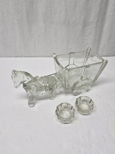 Pressed Clear Glass Donkey and Cart Trinket Dish With 2 Salt Cellars, Vintage